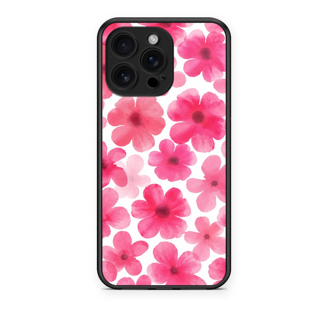 Θήκη iPhone 16 Pro Max Pink Watercolour Flowers on White από τη Smartfits με σχέδιο στο πίσω μέρος και μαύρο περίβλημα | iPhone 16 Pro Max Pink Watercolour Flowers on White case with colorful back and black bezels