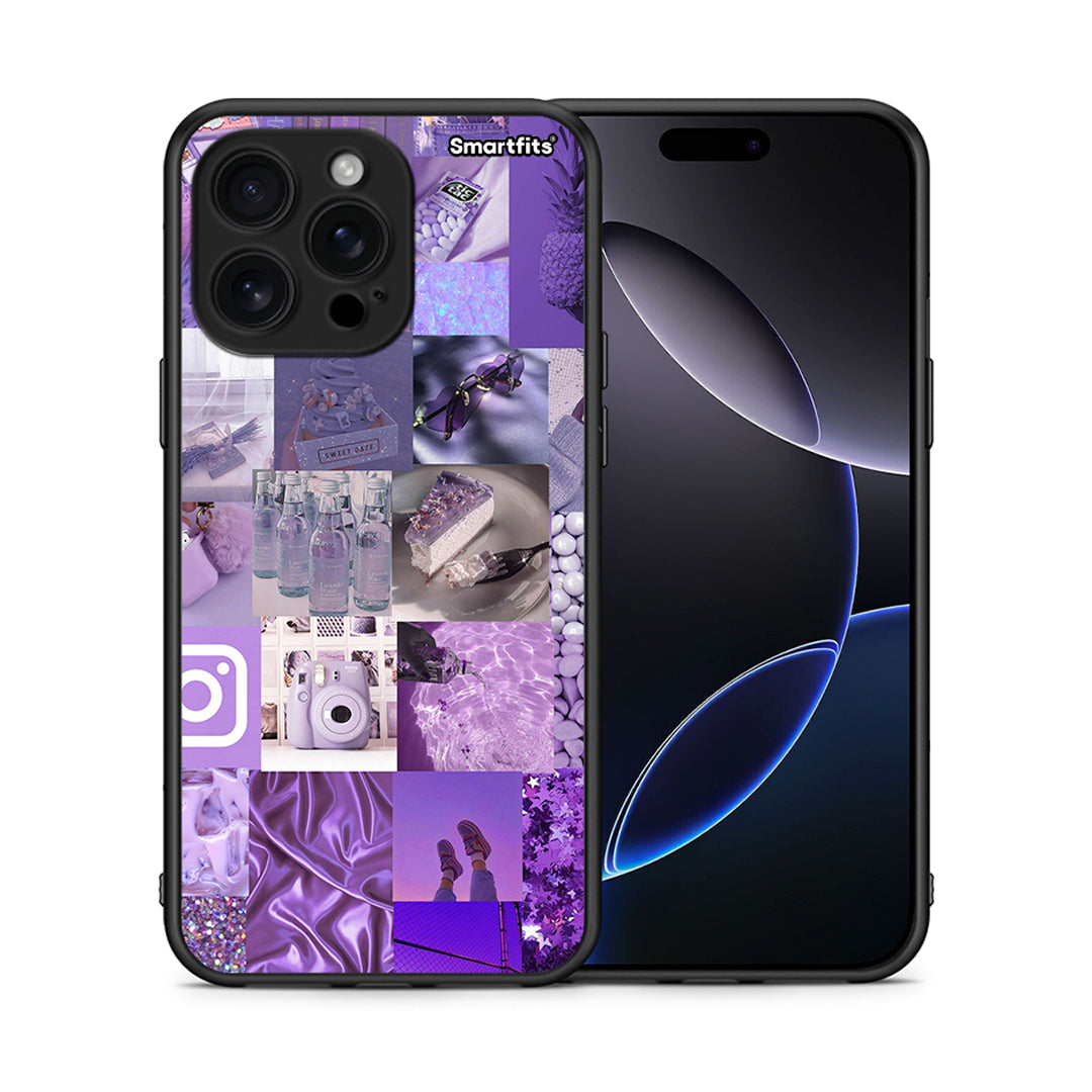 Θήκη iPhone 16 Pro Max Purple Aesthetic Collage από τη Smartfits με σχέδιο στο πίσω μέρος και μαύρο περίβλημα | iPhone 16 Pro Max Purple Aesthetic Collage case with colorful back and black bezels