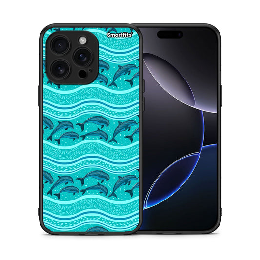 Θήκη iPhone 16 Pro Max Swimming Dolphins από τη Smartfits με σχέδιο στο πίσω μέρος και μαύρο περίβλημα | iPhone 16 Pro Max Swimming Dolphins case with colorful back and black bezels