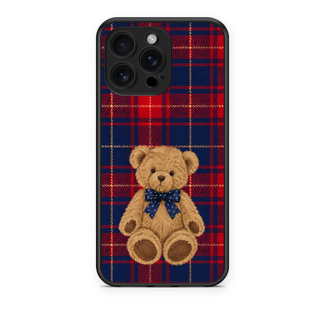 Θήκη iPhone 16 Pro Max Teddy Bear on Red and Navy Tartan από τη Smartfits με σχέδιο στο πίσω μέρος και μαύρο περίβλημα | iPhone 16 Pro Max Teddy Bear on Red and Navy Tartan case with colorful back and black bezels