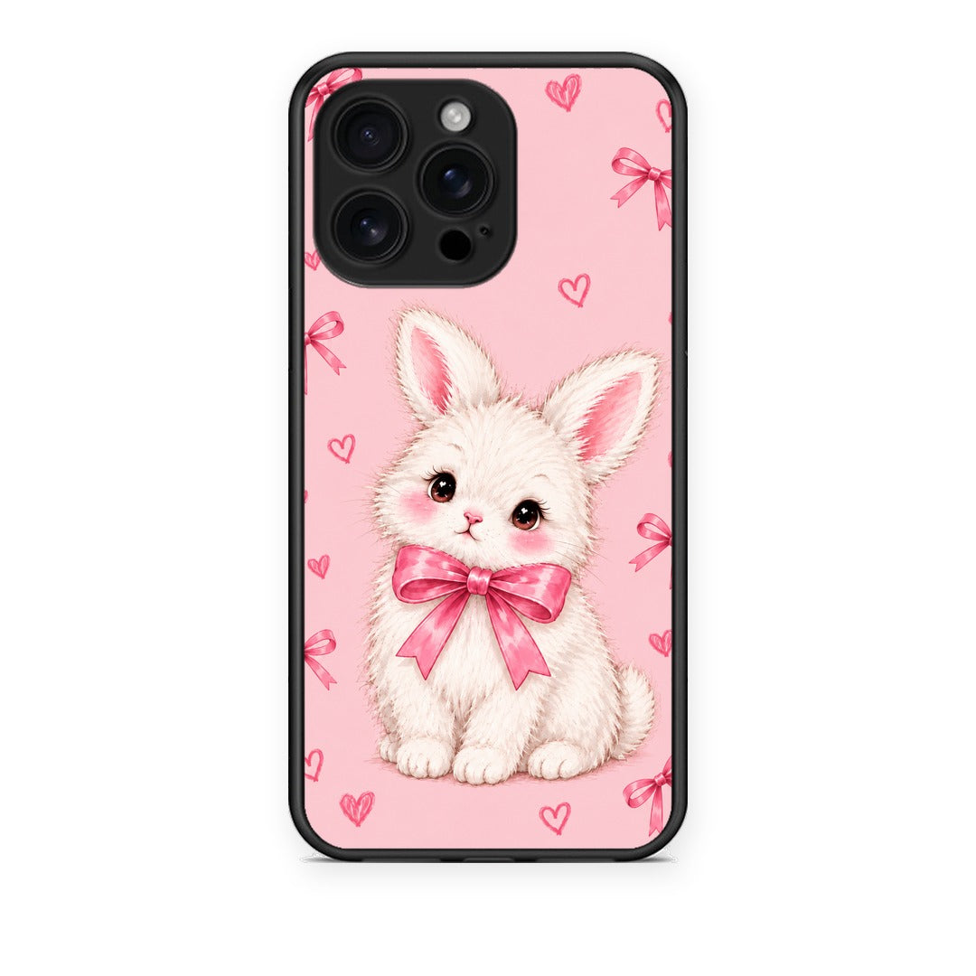 Θήκη iPhone 16 Pro Max White Bunny and Pink Bows από τη Smartfits με σχέδιο στο πίσω μέρος και μαύρο περίβλημα | iPhone 16 Pro Max White Bunny and Pink Bows case with colorful back and black bezels