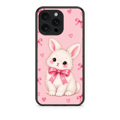 Θήκη iPhone 16 Pro Max White Bunny and Pink Bows από τη Smartfits με σχέδιο στο πίσω μέρος και μαύρο περίβλημα | iPhone 16 Pro Max White Bunny and Pink Bows case with colorful back and black bezels