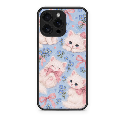 Θήκη iPhone 16 Pro Max White Kittens and Blue Flowers Large από τη Smartfits με σχέδιο στο πίσω μέρος και μαύρο περίβλημα | iPhone 16 Pro Max White Kittens and Blue Flowers Large case with colorful back and black bezels