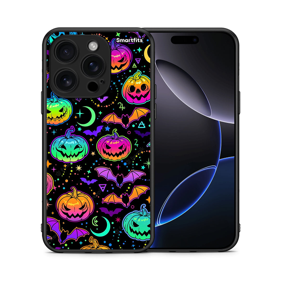 Θήκη iPhone 16 Pro Neon Halloween από τη Smartfits με σχέδιο στο πίσω μέρος και μαύρο περίβλημα | iPhone 16 Pro Neon Halloween case with colorful back and black bezels
