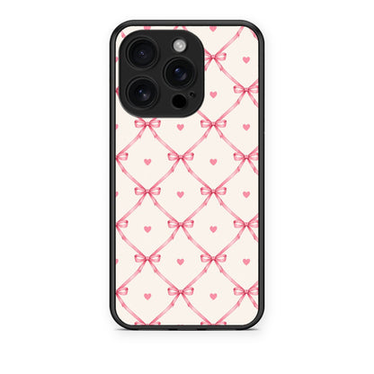 Θήκη iPhone 16 Pro Pink Bow Lattice and Hearts on Cream από τη Smartfits με σχέδιο στο πίσω μέρος και μαύρο περίβλημα | iPhone 16 Pro Pink Bow Lattice and Hearts on Cream case with colorful back and black bezels