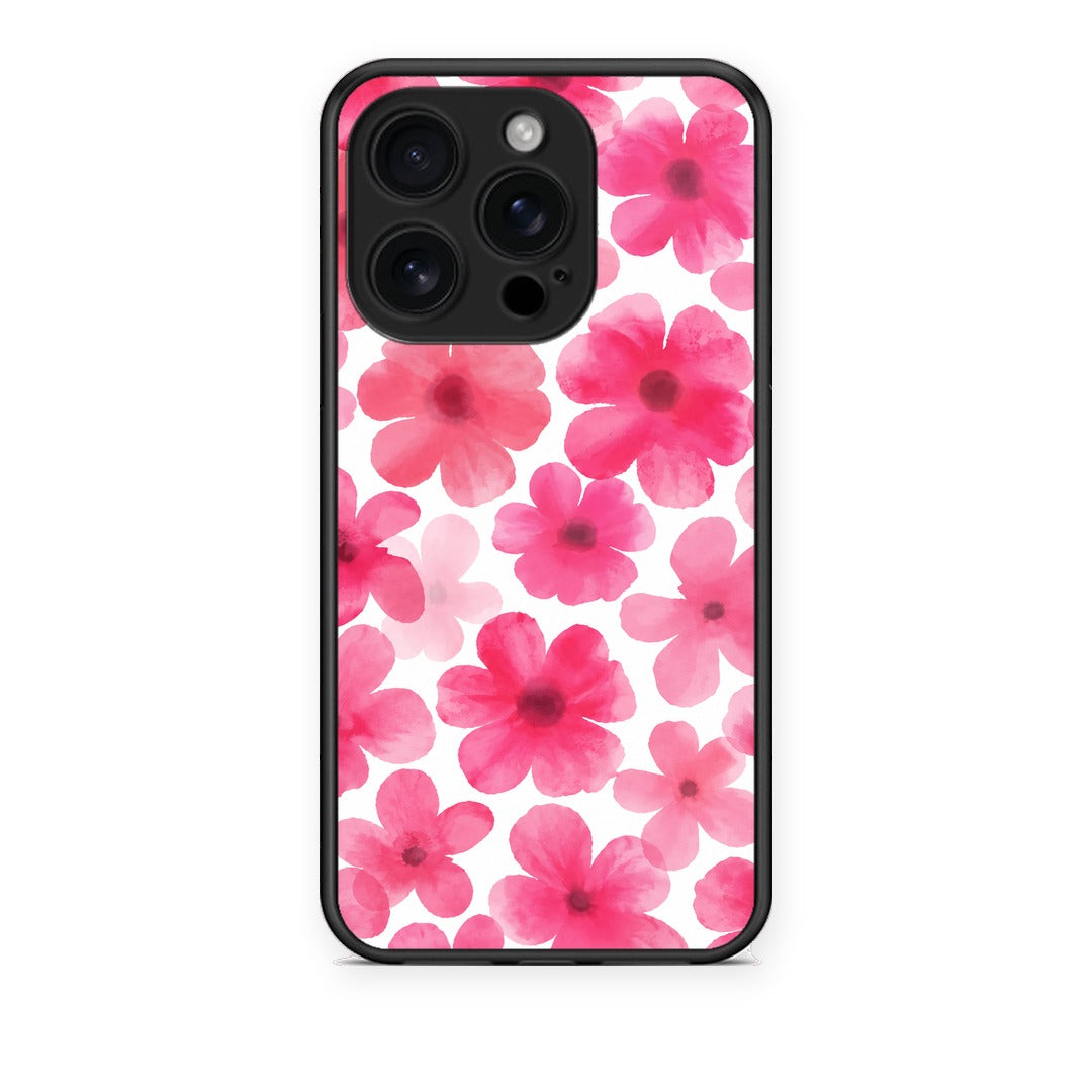 Θήκη iPhone 16 Pro Pink Watercolour Flowers on White από τη Smartfits με σχέδιο στο πίσω μέρος και μαύρο περίβλημα | iPhone 16 Pro Pink Watercolour Flowers on White case with colorful back and black bezels