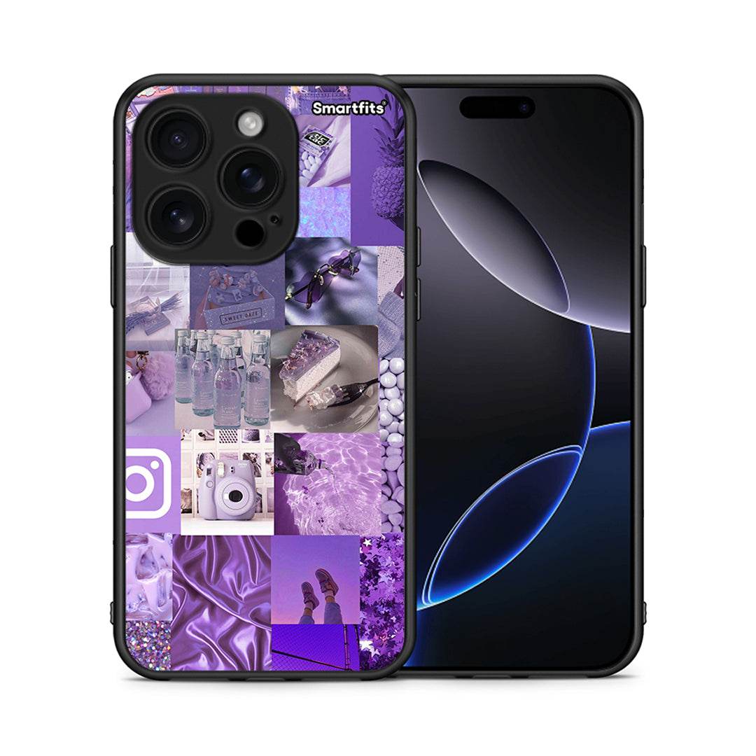 Θήκη iPhone 16 Pro Purple Aesthetic Collage από τη Smartfits με σχέδιο στο πίσω μέρος και μαύρο περίβλημα | iPhone 16 Pro Purple Aesthetic Collage case with colorful back and black bezels