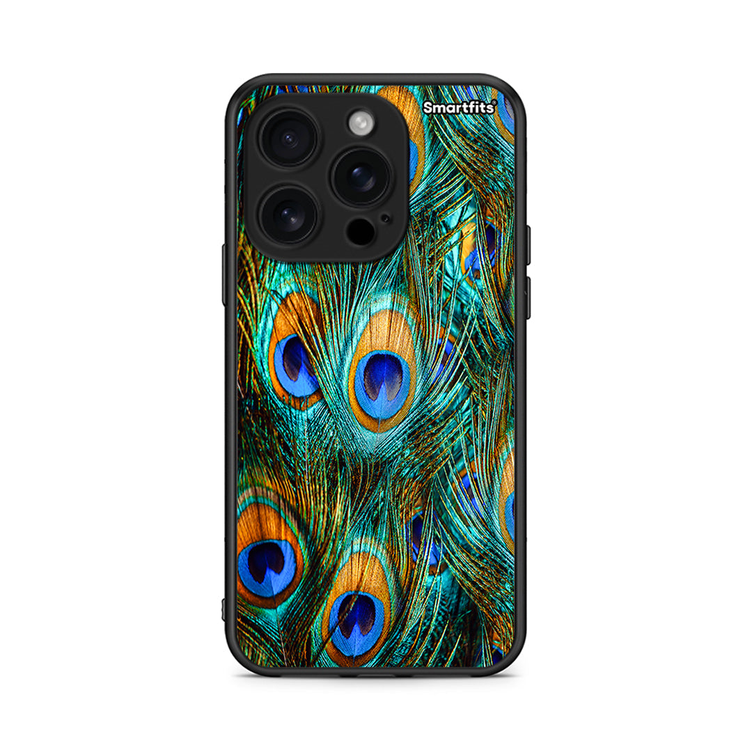 iPhone 16 Pro Real Peacock Feathers θήκη από τη Smartfits με σχέδιο στο πίσω μέρος και μαύρο περίβλημα | Smartphone case with colorful back and black bezels by Smartfits