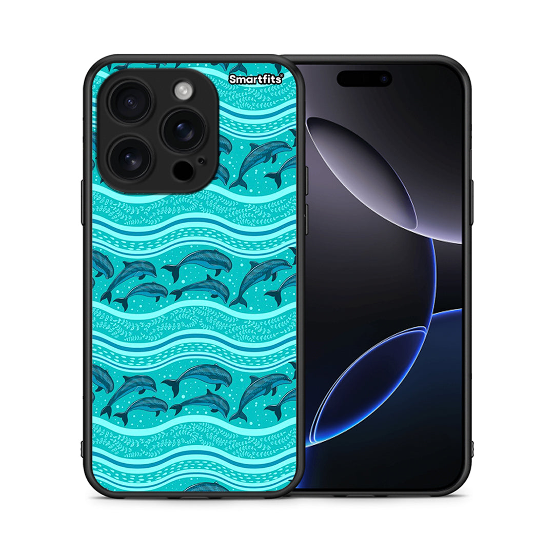 Θήκη iPhone 16 Pro Swimming Dolphins από τη Smartfits με σχέδιο στο πίσω μέρος και μαύρο περίβλημα | iPhone 16 Pro Swimming Dolphins case with colorful back and black bezels