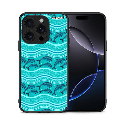 Θήκη iPhone 16 Pro Swimming Dolphins από τη Smartfits με σχέδιο στο πίσω μέρος και μαύρο περίβλημα | iPhone 16 Pro Swimming Dolphins case with colorful back and black bezels