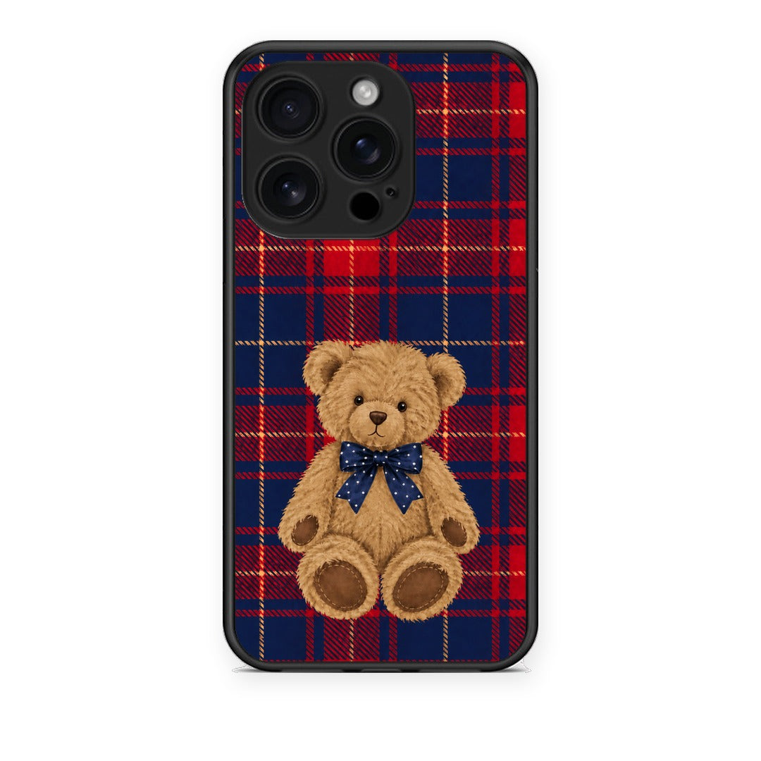 Θήκη iPhone 16 Pro Teddy Bear on Red and Navy Tartan από τη Smartfits με σχέδιο στο πίσω μέρος και μαύρο περίβλημα | iPhone 16 Pro Teddy Bear on Red and Navy Tartan case with colorful back and black bezels