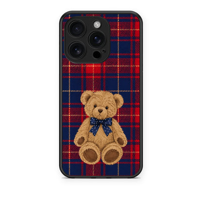 Θήκη iPhone 16 Pro Teddy Bear on Red and Navy Tartan από τη Smartfits με σχέδιο στο πίσω μέρος και μαύρο περίβλημα | iPhone 16 Pro Teddy Bear on Red and Navy Tartan case with colorful back and black bezels