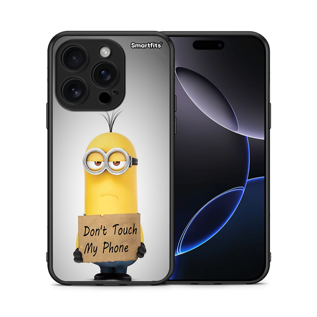 Θήκη iPhone 16 Pro Minion Text από τη Smartfits με σχέδιο στο πίσω μέρος και μαύρο περίβλημα | iPhone 16 Pro Minion Text case with colorful back and black bezels