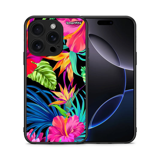 Θήκη iPhone 16 Pro Tropical Flowers από τη Smartfits με σχέδιο στο πίσω μέρος και μαύρο περίβλημα | iPhone 16 Pro Tropical Flowers case with colorful back and black bezels