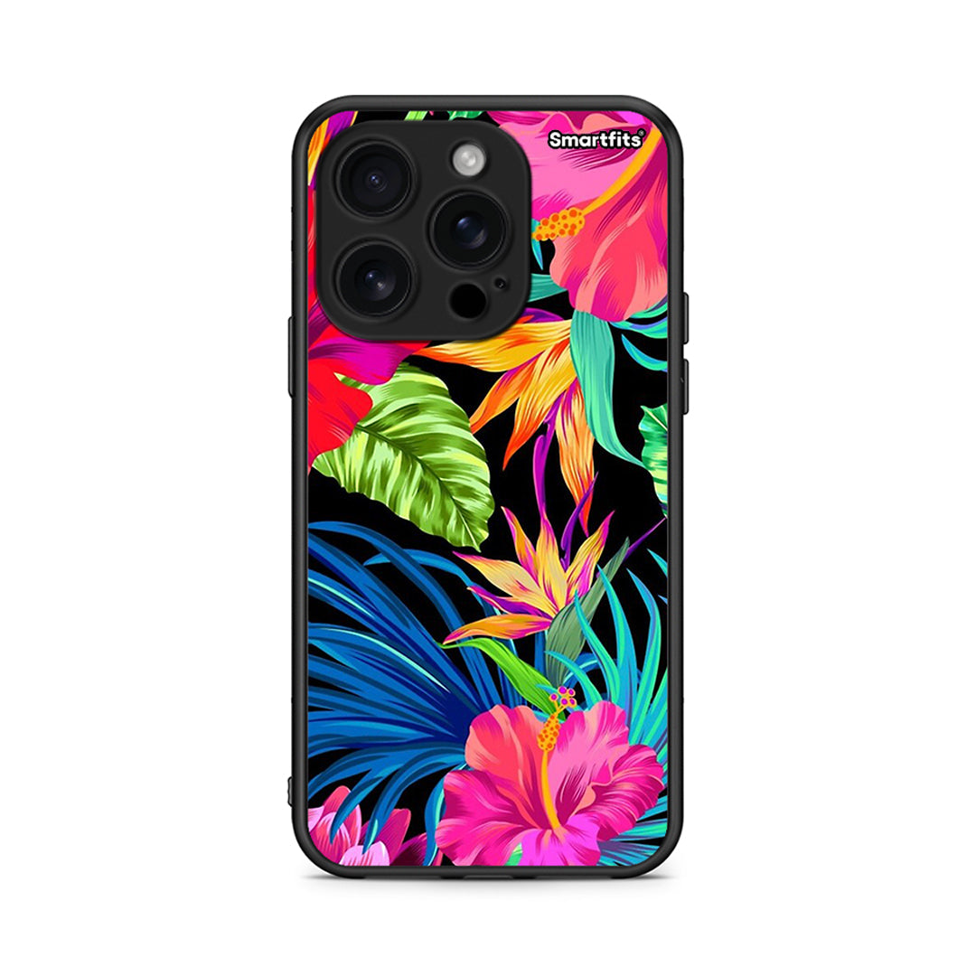 iPhone 16 Pro Tropical Flowers θήκη από τη Smartfits με σχέδιο στο πίσω μέρος και μαύρο περίβλημα | Smartphone case with colorful back and black bezels by Smartfits