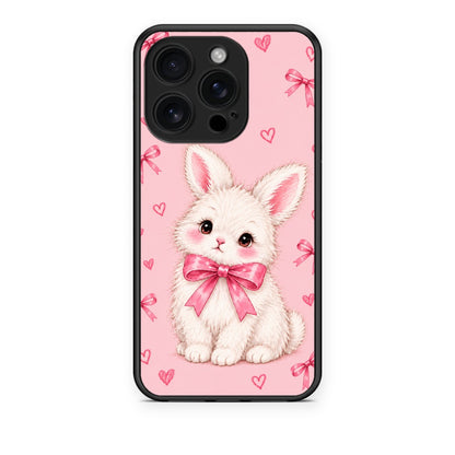 Θήκη iPhone 16 Pro White Bunny and Pink Bows από τη Smartfits με σχέδιο στο πίσω μέρος και μαύρο περίβλημα | iPhone 16 Pro White Bunny and Pink Bows case with colorful back and black bezels