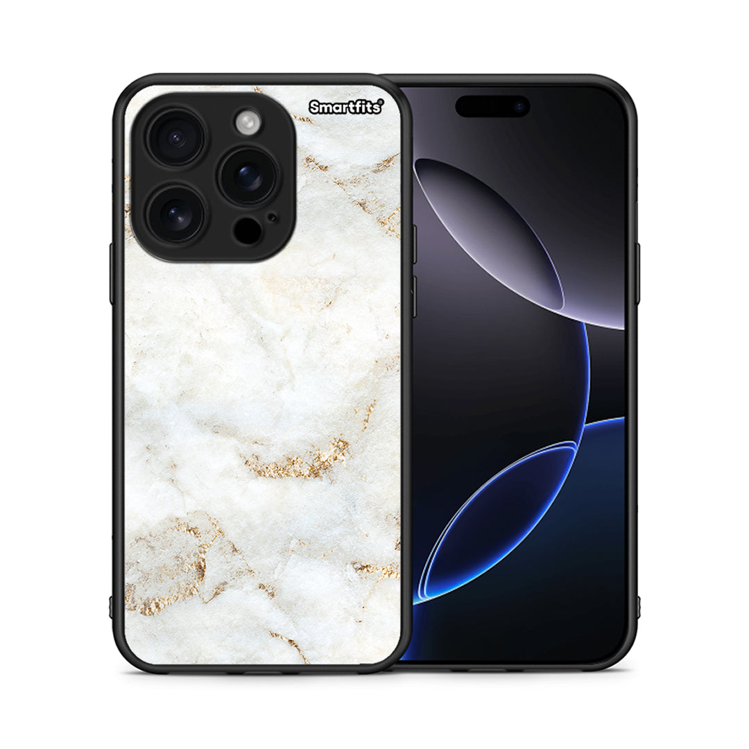 Θήκη iPhone 16 Pro White Gold Marble από τη Smartfits με σχέδιο στο πίσω μέρος και μαύρο περίβλημα | iPhone 16 Pro White Gold Marble case with colorful back and black bezels