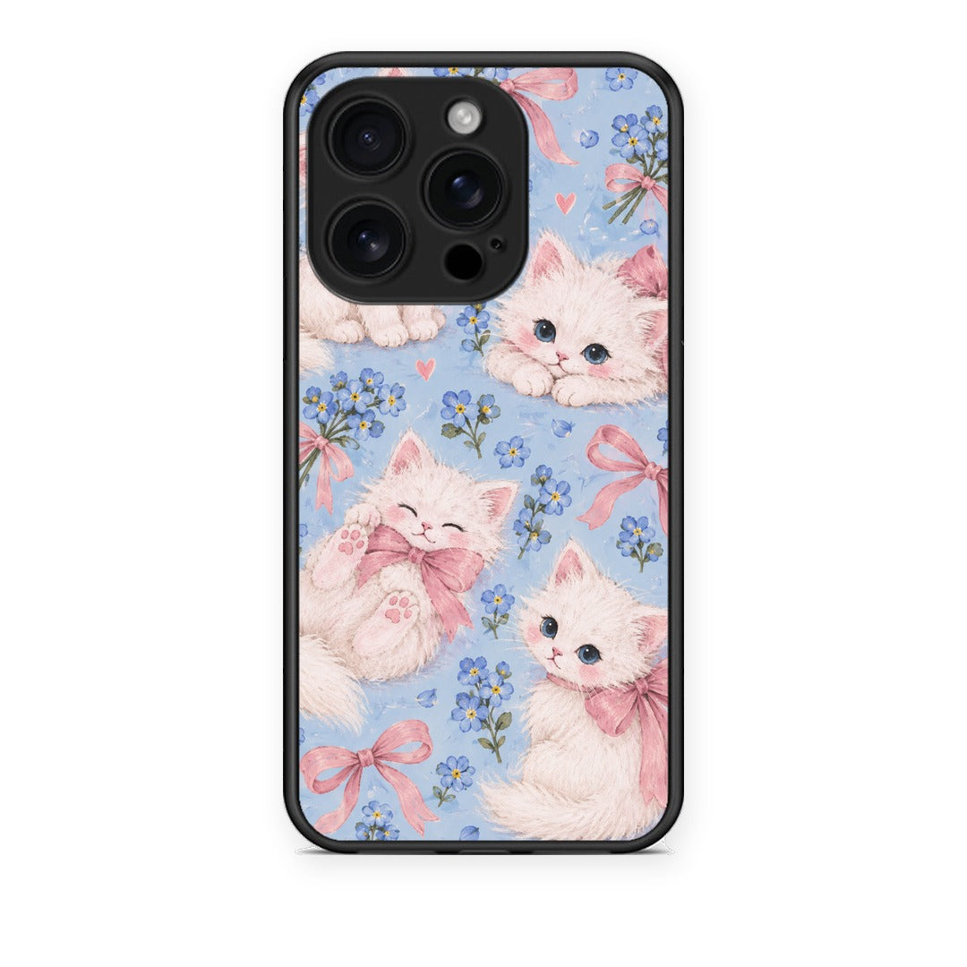 Θήκη iPhone 16 Pro White Kittens and Blue Flowers Large από τη Smartfits με σχέδιο στο πίσω μέρος και μαύρο περίβλημα | iPhone 16 Pro White Kittens and Blue Flowers Large case with colorful back and black bezels