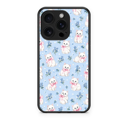Θήκη iPhone 16 Pro White Kittens and Blue Flowers Small από τη Smartfits με σχέδιο στο πίσω μέρος και μαύρο περίβλημα | iPhone 16 Pro White Kittens and Blue Flowers Small case with colorful back and black bezels
