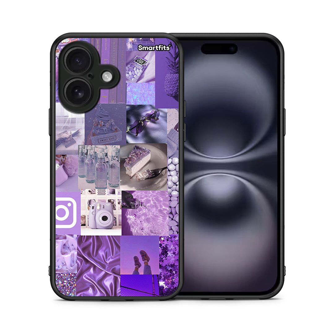 Θήκη iPhone 16 Purple Aesthetic Collage από τη Smartfits με σχέδιο στο πίσω μέρος και μαύρο περίβλημα | iPhone 16 Purple Aesthetic Collage case with colorful back and black bezels