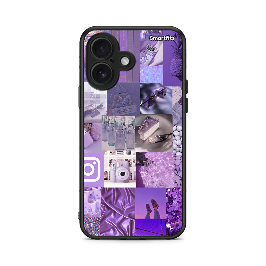 iPhone 16 Purple Aesthetic Collage θήκη από τη Smartfits με σχέδιο στο πίσω μέρος και μαύρο περίβλημα | Smartphone case with colorful back and black bezels by Smartfits