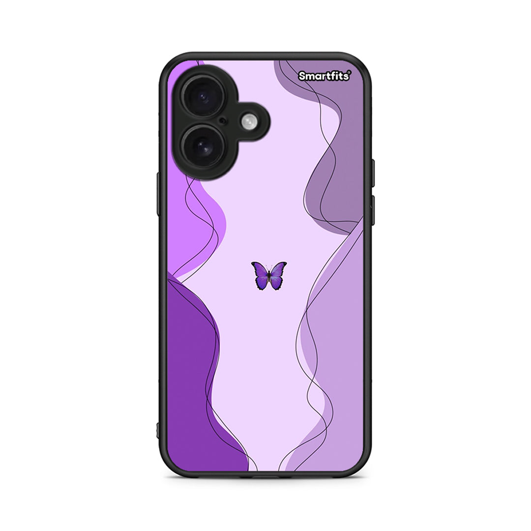 iPhone 16 Purple Mariposa Θήκη Αγίου Βαλεντίνου από τη Smartfits με σχέδιο στο πίσω μέρος και μαύρο περίβλημα | Smartphone case with colorful back and black bezels by Smartfits