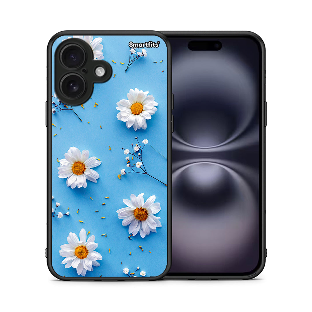Θήκη iPhone 16 Real Daisies από τη Smartfits με σχέδιο στο πίσω μέρος και μαύρο περίβλημα | iPhone 16 Real Daisies case with colorful back and black bezels