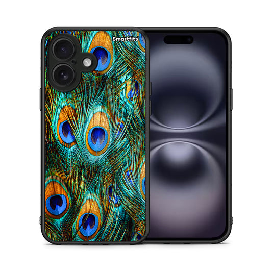 Θήκη iPhone 16 Real Peacock Feathers από τη Smartfits με σχέδιο στο πίσω μέρος και μαύρο περίβλημα | iPhone 16 Real Peacock Feathers case with colorful back and black bezels
