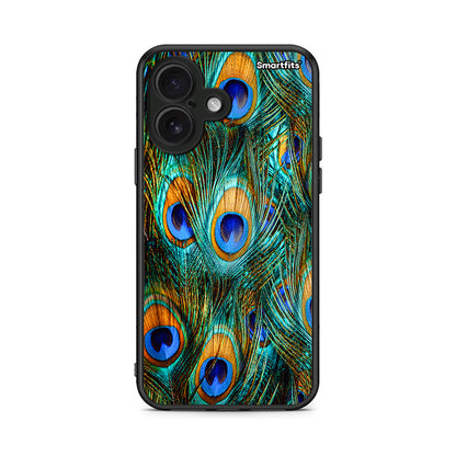 iPhone 16 Real Peacock Feathers θήκη από τη Smartfits με σχέδιο στο πίσω μέρος και μαύρο περίβλημα | Smartphone case with colorful back and black bezels by Smartfits