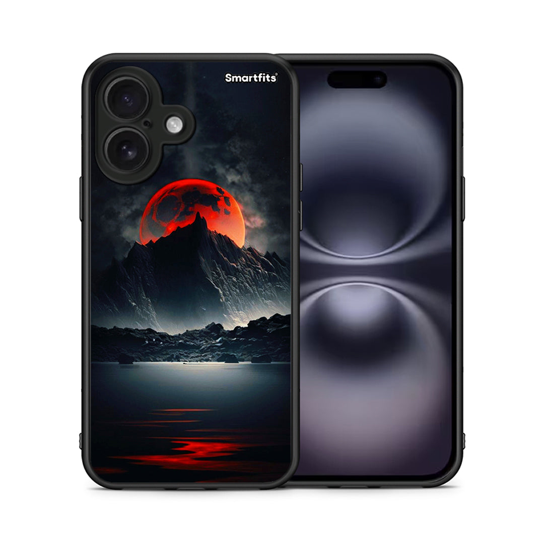 Θήκη iPhone 16 Red Full Moon από τη Smartfits με σχέδιο στο πίσω μέρος και μαύρο περίβλημα | iPhone 16 Red Full Moon case with colorful back and black bezels