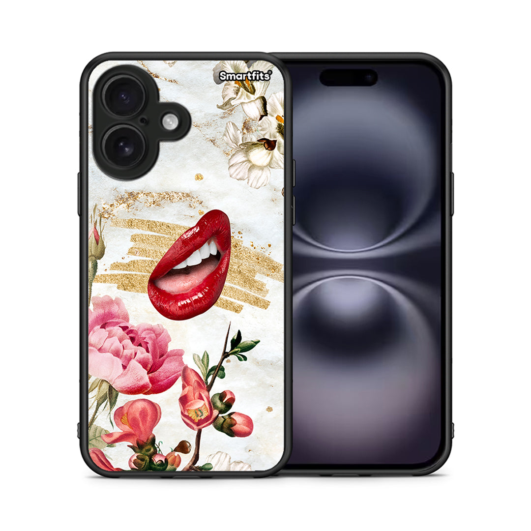 Θήκη iPhone 16 Red Lips από τη Smartfits με σχέδιο στο πίσω μέρος και μαύρο περίβλημα | iPhone 16 Red Lips case with colorful back and black bezels