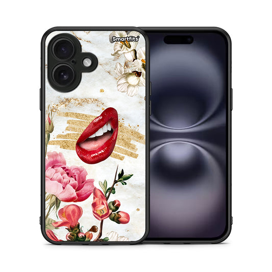 Θήκη iPhone 16 Red Lips από τη Smartfits με σχέδιο στο πίσω μέρος και μαύρο περίβλημα | iPhone 16 Red Lips case with colorful back and black bezels