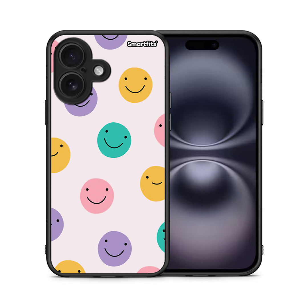 Θήκη iPhone 16 Smiley Faces από τη Smartfits με σχέδιο στο πίσω μέρος και μαύρο περίβλημα | iPhone 16 Smiley Faces case with colorful back and black bezels