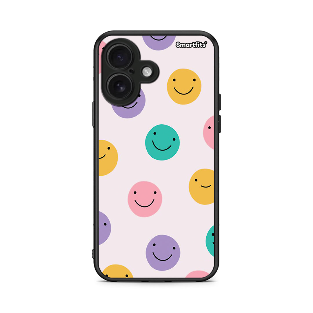 iPhone 16 Smiley Faces θήκη από τη Smartfits με σχέδιο στο πίσω μέρος και μαύρο περίβλημα | Smartphone case with colorful back and black bezels by Smartfits