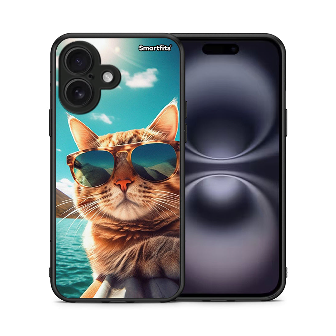 Θήκη iPhone 16 Summer Cat από τη Smartfits με σχέδιο στο πίσω μέρος και μαύρο περίβλημα | iPhone 16 Summer Cat case with colorful back and black bezels