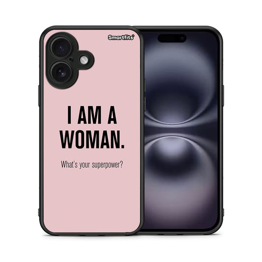 Θήκη iPhone 16 Superpower Woman από τη Smartfits με σχέδιο στο πίσω μέρος και μαύρο περίβλημα | iPhone 16 Superpower Woman case with colorful back and black bezels
