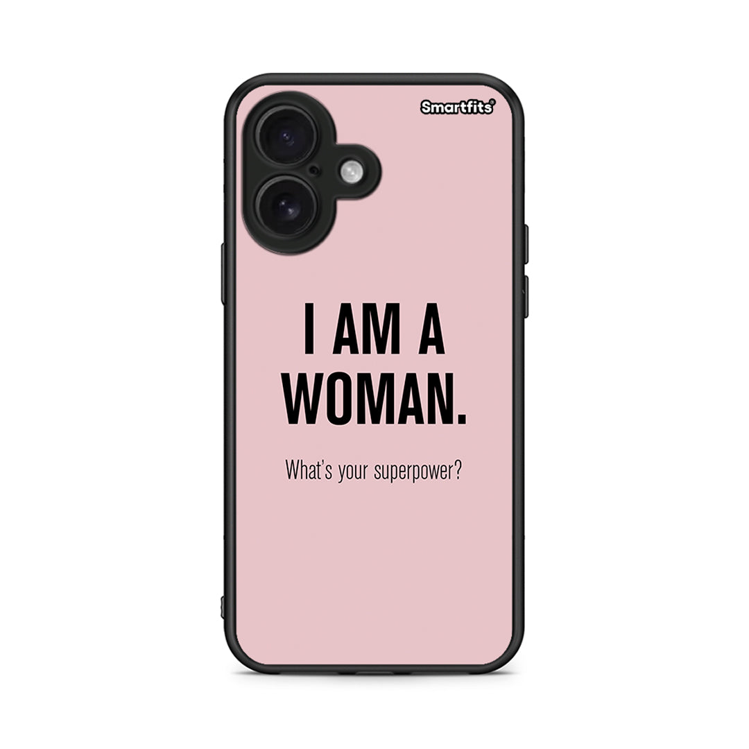iPhone 16 Superpower Woman θήκη από τη Smartfits με σχέδιο στο πίσω μέρος και μαύρο περίβλημα | Smartphone case with colorful back and black bezels by Smartfits