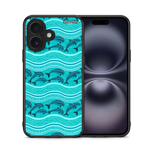 Θήκη iPhone 16 Swimming Dolphins από τη Smartfits με σχέδιο στο πίσω μέρος και μαύρο περίβλημα | iPhone 16 Swimming Dolphins case with colorful back and black bezels