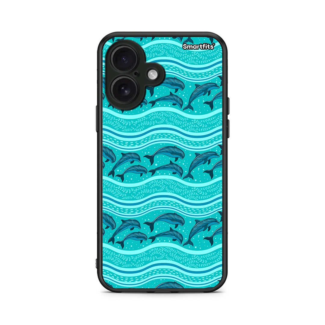iPhone 16 Swimming Dolphins θήκη από τη Smartfits με σχέδιο στο πίσω μέρος και μαύρο περίβλημα | Smartphone case with colorful back and black bezels by Smartfits