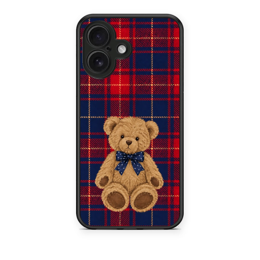 Θήκη iPhone 16 Teddy Bear on Red and Navy Tartan από τη Smartfits με σχέδιο στο πίσω μέρος και μαύρο περίβλημα | iPhone 16 Teddy Bear on Red and Navy Tartan case with colorful back and black bezels