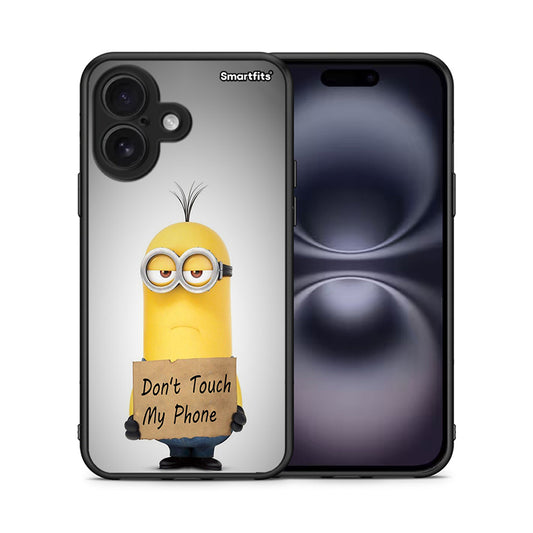 Θήκη iPhone 16 Minion Text από τη Smartfits με σχέδιο στο πίσω μέρος και μαύρο περίβλημα | iPhone 16 Minion Text case with colorful back and black bezels