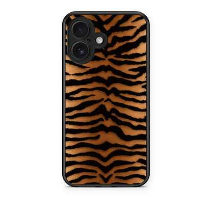 Θήκη iPhone 16 Tiger Print Orange and Black από τη Smartfits με σχέδιο στο πίσω μέρος και μαύρο περίβλημα | iPhone 16 Tiger Print Orange and Black case with colorful back and black bezels