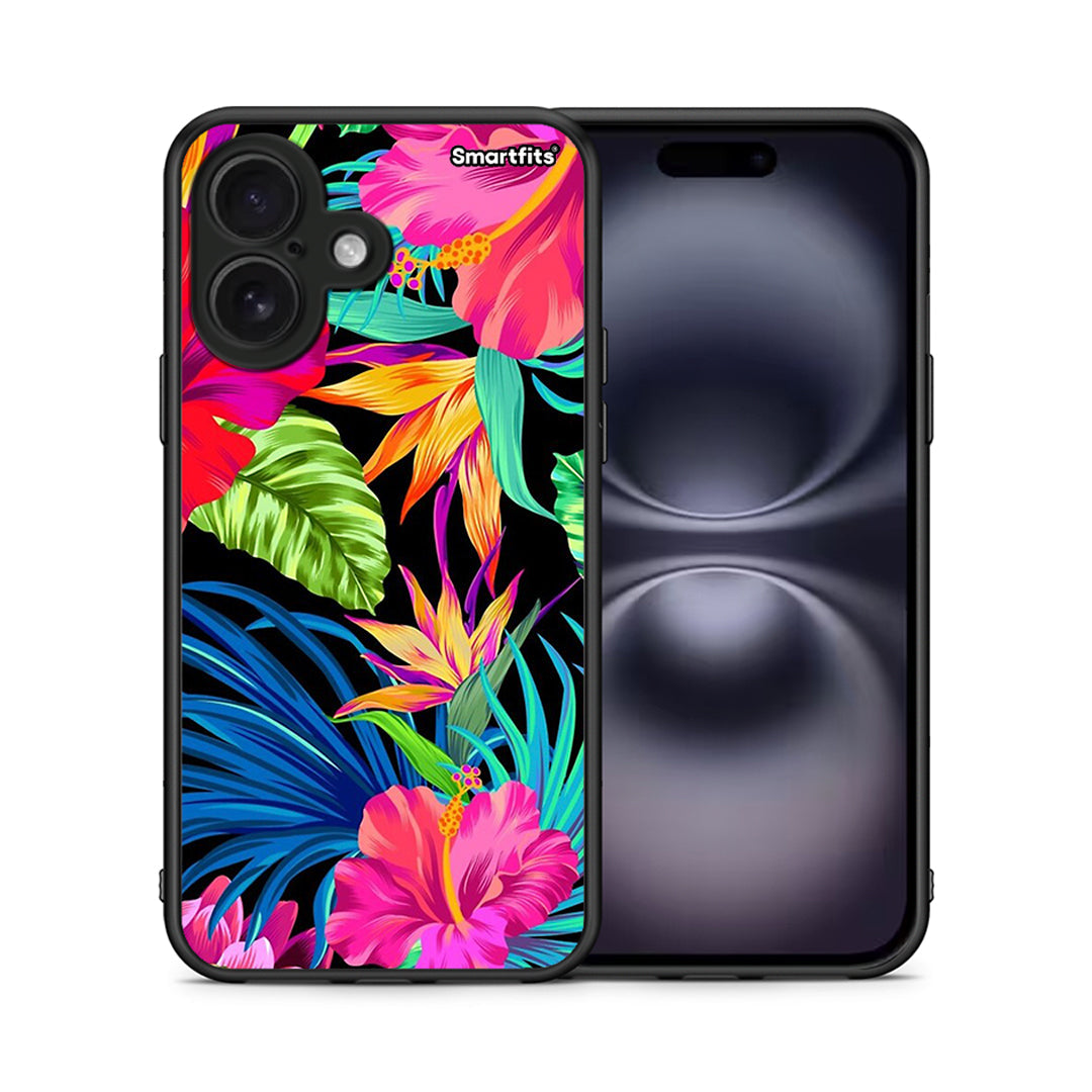 Θήκη iPhone 16 Tropical Flowers από τη Smartfits με σχέδιο στο πίσω μέρος και μαύρο περίβλημα | iPhone 16 Tropical Flowers case with colorful back and black bezels