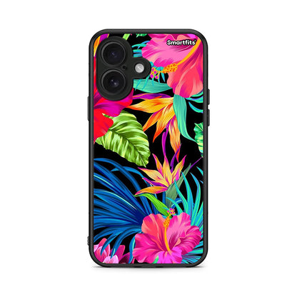 iPhone 16 Tropical Flowers θήκη από τη Smartfits με σχέδιο στο πίσω μέρος και μαύρο περίβλημα | Smartphone case with colorful back and black bezels by Smartfits