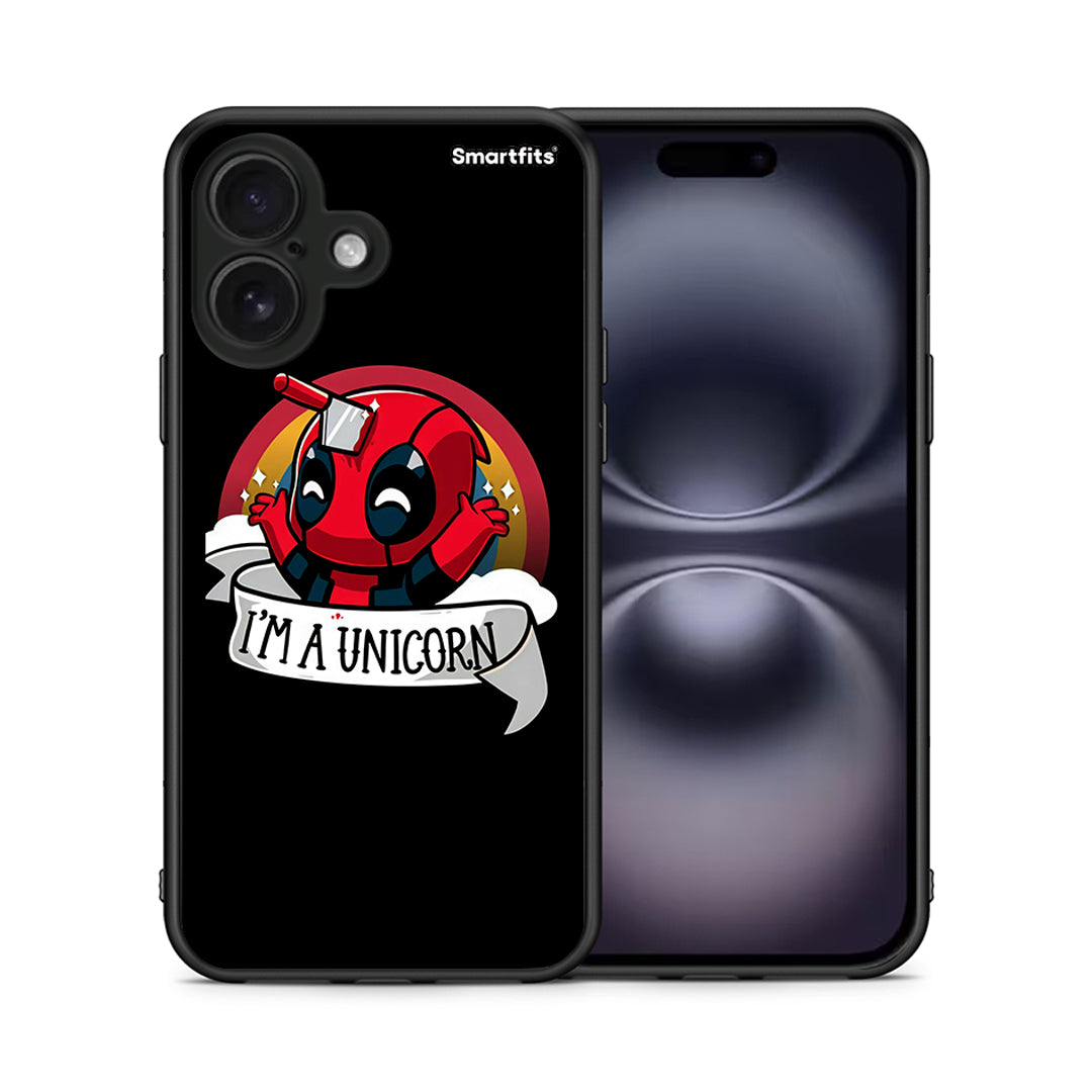 Θήκη iPhone 16 Unicorn Deadpool από τη Smartfits με σχέδιο στο πίσω μέρος και μαύρο περίβλημα | iPhone 16 Unicorn Deadpool case with colorful back and black bezels