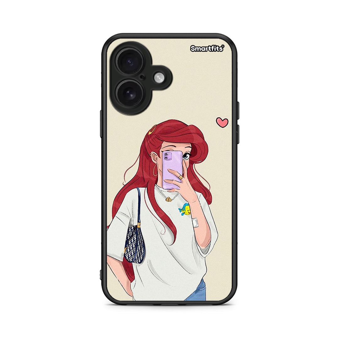 iPhone 16 Walking Mermaid Θήκη από τη Smartfits με σχέδιο στο πίσω μέρος και μαύρο περίβλημα | Smartphone case with colorful back and black bezels by Smartfits