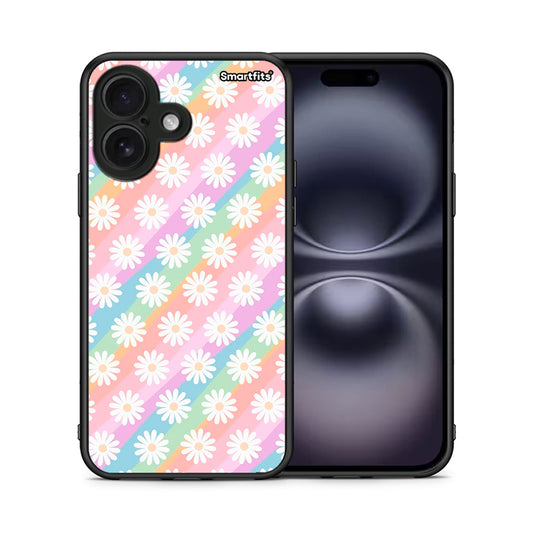 Θήκη iPhone 16 White Daisies από τη Smartfits με σχέδιο στο πίσω μέρος και μαύρο περίβλημα | iPhone 16 White Daisies case with colorful back and black bezels