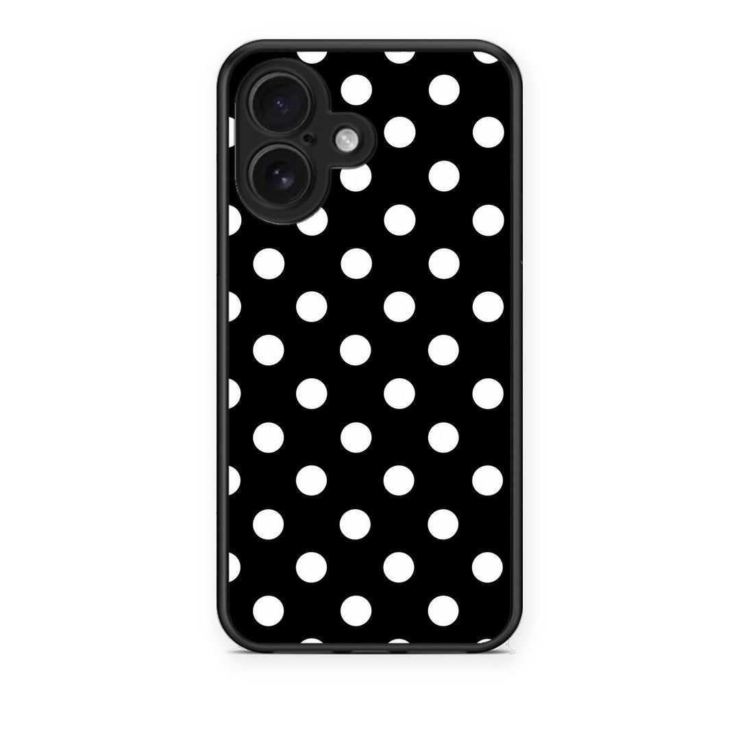 Θήκη iPhone 16 White Polka Dots on Black από τη Smartfits με σχέδιο στο πίσω μέρος και μαύρο περίβλημα | iPhone 16 White Polka Dots on Black case with colorful back and black bezels