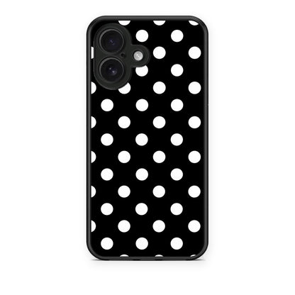 Θήκη iPhone 16 White Polka Dots on Black από τη Smartfits με σχέδιο στο πίσω μέρος και μαύρο περίβλημα | iPhone 16 White Polka Dots on Black case with colorful back and black bezels