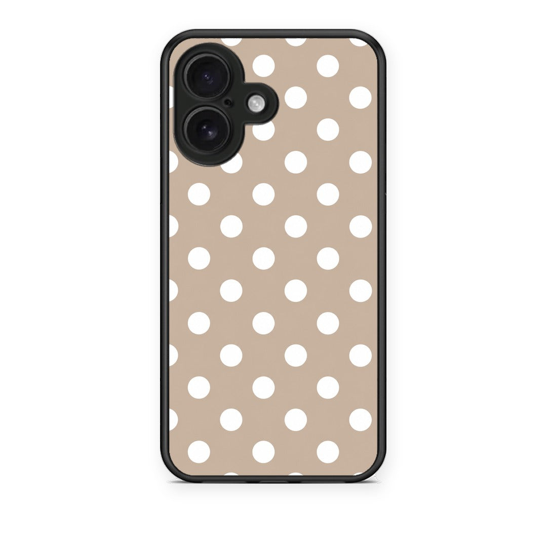 Θήκη iPhone 16 White Polka Dots on Taupe από τη Smartfits με σχέδιο στο πίσω μέρος και μαύρο περίβλημα | iPhone 16 White Polka Dots on Taupe case with colorful back and black bezels